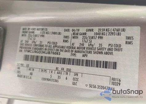 2019 Ford Escape Se z USA, uszkodzony, nr VIN 1FMCU9GD3KUB76093